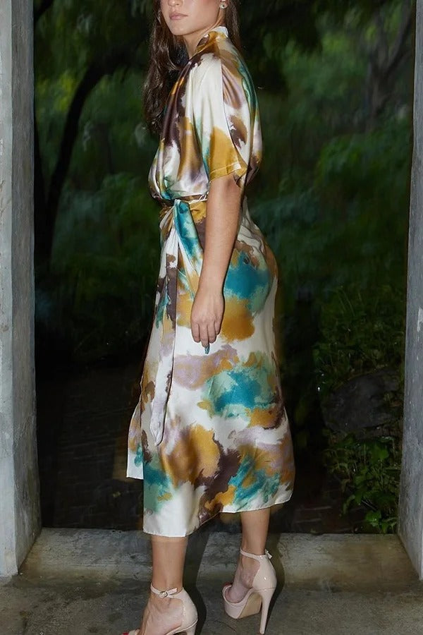 LM | Cityscape Moment Satin Tie Dye Print Half Sleeve Wrap Midi Dress