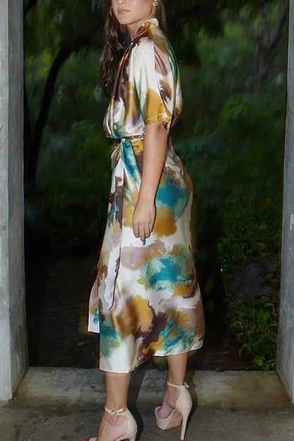 LM | Cityscape Moment Satin Tie Dye Print Half Sleeve Wrap Midi Dress