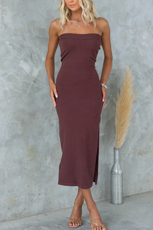 LM | Strapless midi dress with ribbed knit and slit