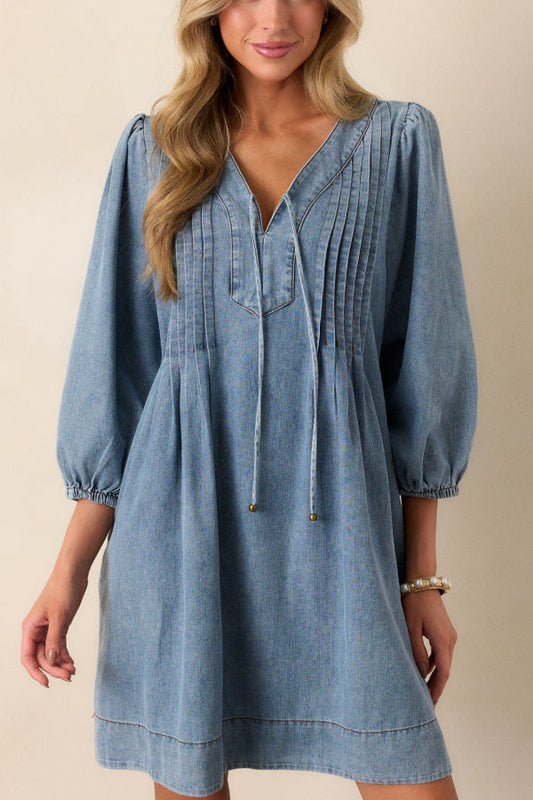 LM | Fate Would Have It Denim Playful Pleated Pocket A-Line Mini Dress