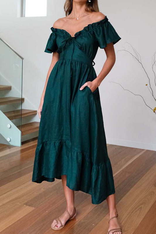 LM | RUCHED HEM OFF-THE-SHOULDER MIDI DRESS