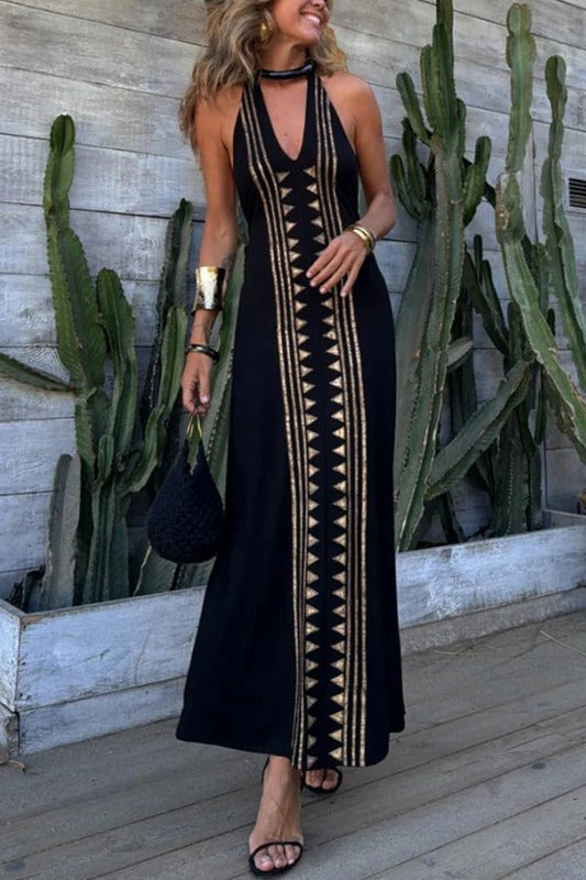 LM | Meret Gold Geometric Print Backless Stretch Maxi Dress with Halter