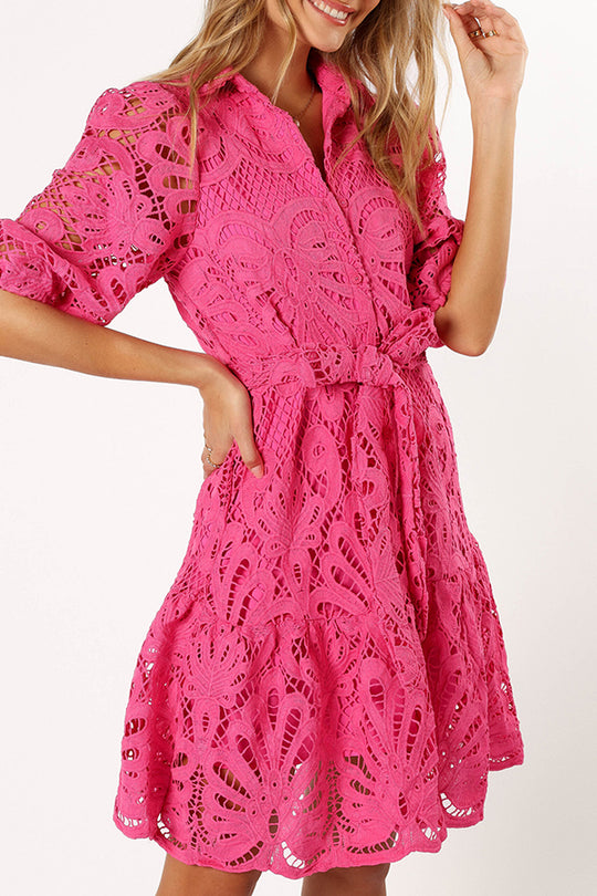 LM | Solid color lace neckline balloon sleeves and waist tie mini dress