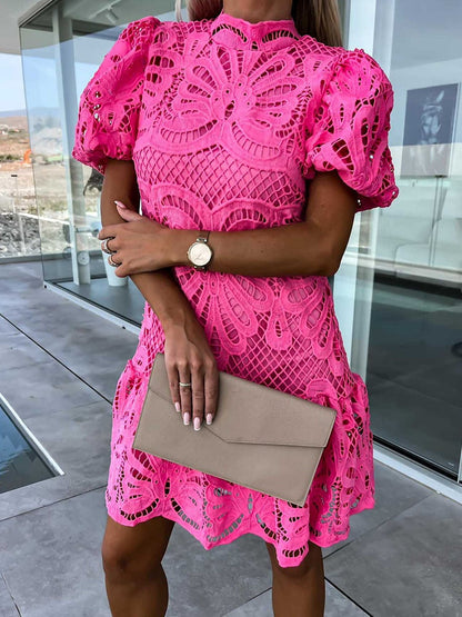 LM | elegant midi dress for women with puff sleeves