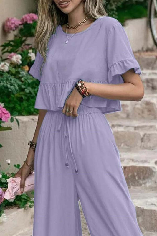 LM | Casual loose monochrome short-sleeved wide leg pants two-piece set