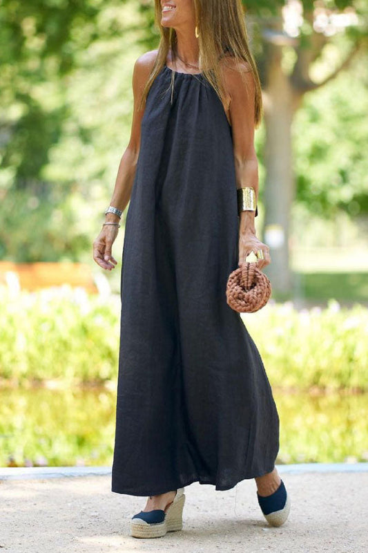 LM | Vintage Holiday Solid Color Halter Neck Maxi Dress