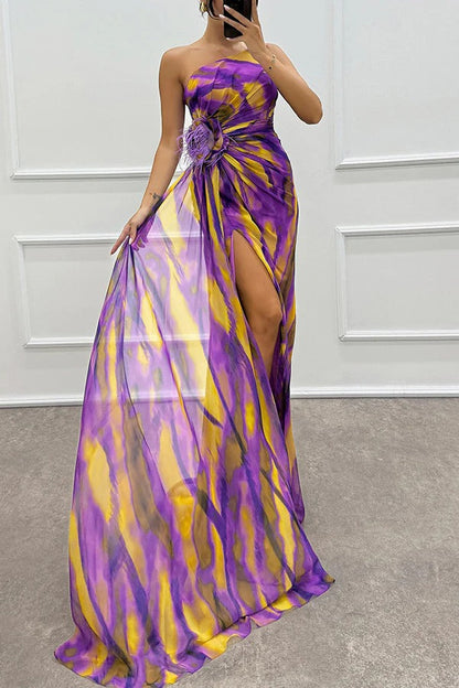 LM | Amazing Views Watercolor Print Feather Rose Detail Off Shoulder Pleated Slit Maxi Dress