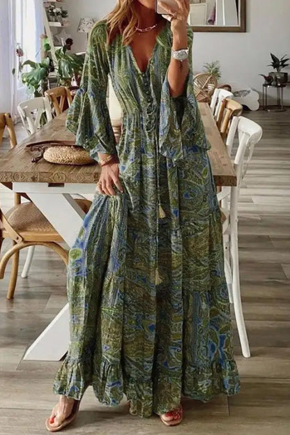 LM | V-Neck Loose Peris Print Vacation Long Sleeve Maxi Dress
