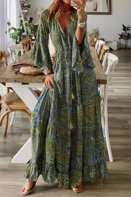 LM | V-Neck Loose Peris Print Vacation Long Sleeve Maxi Dress