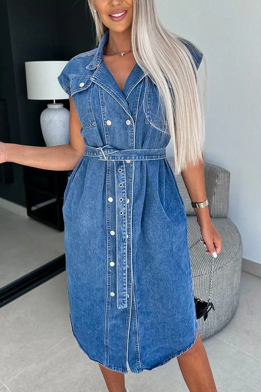 LM | Solid Color Casual Lapel Sleeveless Button Pocket Waist Tie Denim Midi Dress