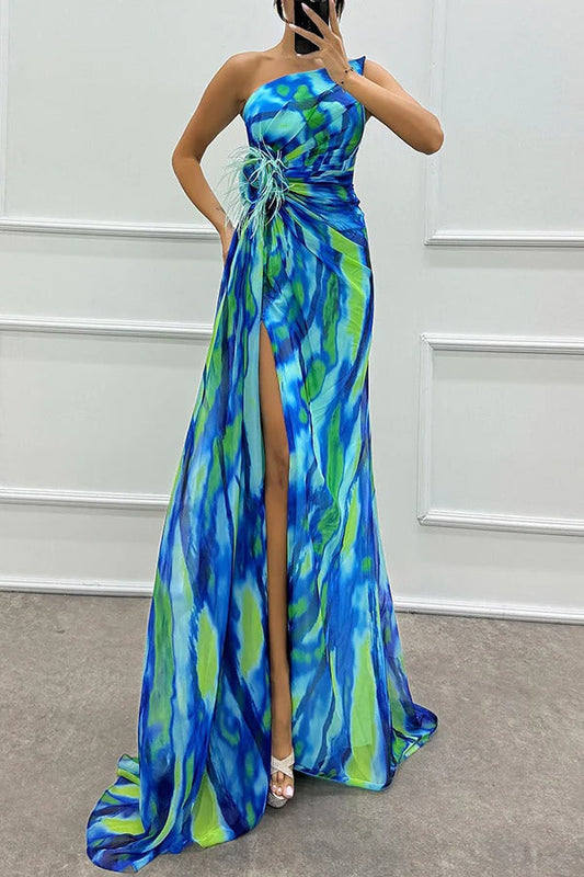 LM | Amazing Views Watercolor Print Feather Rose Detail Off Shoulder Pleated Slit Maxi Dress