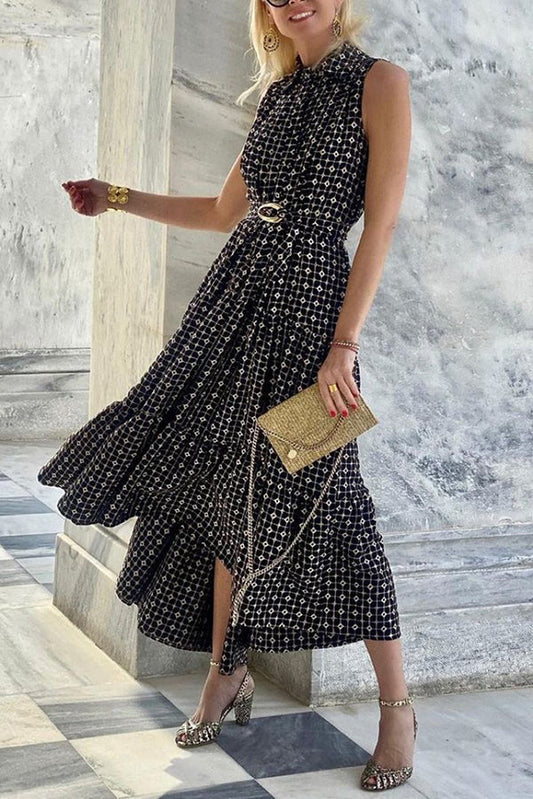 LM | Unique print lapel sleeveless fitted midi dress