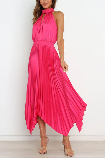 LM | Luxe Look Satin Pleated Halter Elastic Waist Midi Dress