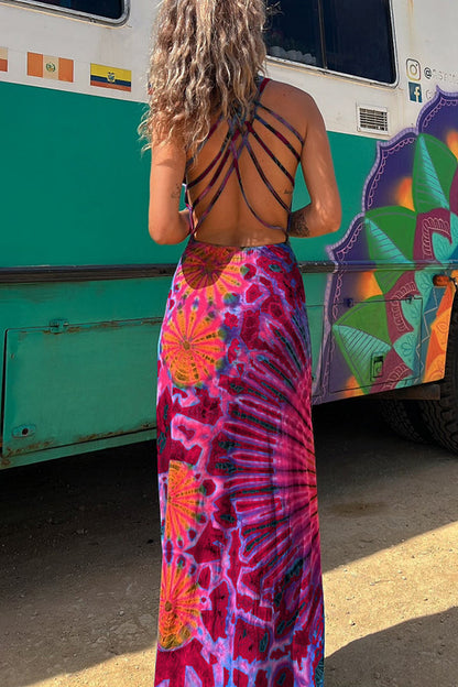 LM | La Bamba tie-dye print back lace-up stretch maxi dress