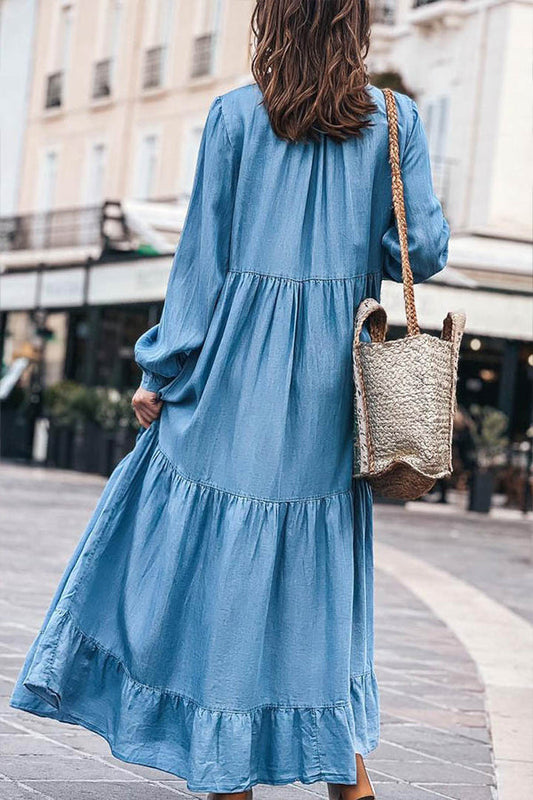 LM | Denim long-sleeved maxi dress with V-neck and ruffles