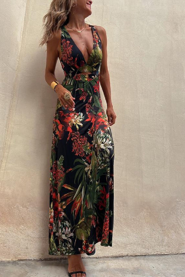 LM | RAINFOREST PARADISE TROPICAL PRINT NECKLINE BACK CROSSOVER STRETCH MAXI DRESS
