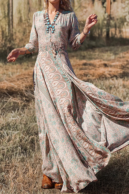 LM | Beautiful printed long-sleeved maxi dress with V-neckline