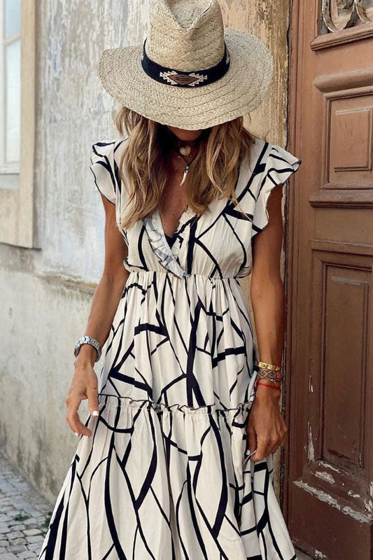 LM | Geometric print V-neck ruffle midi dress