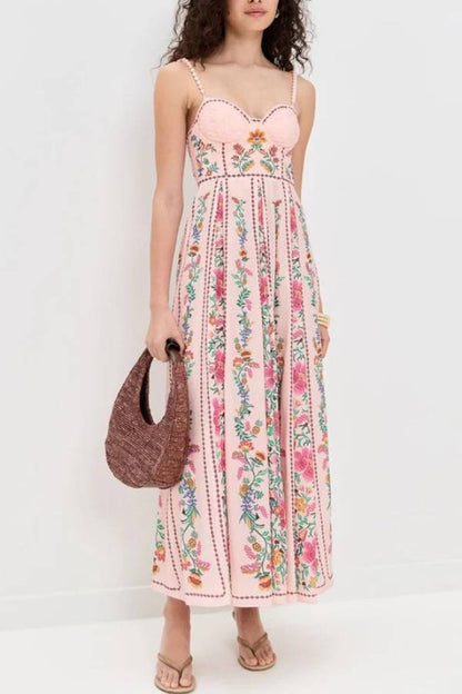 LM | Delicate Forest Unique Print Sweetheart Neck Beaded Straps Maxi Dress