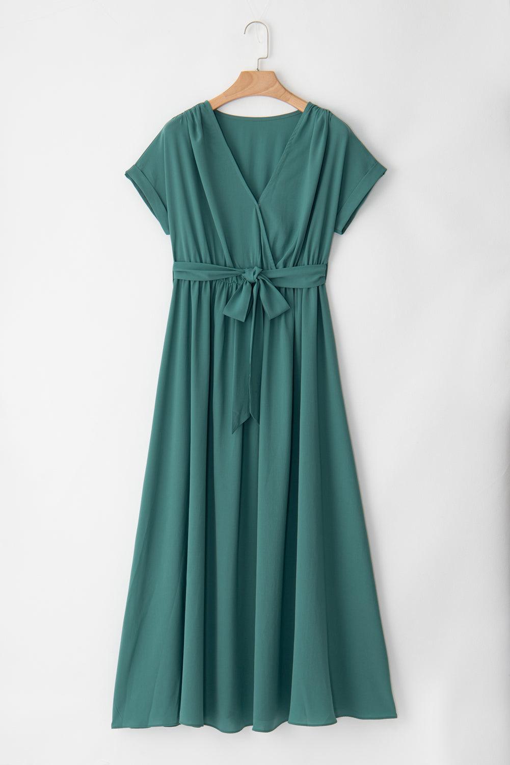 LM | Dark green maxi dress with pleats for women