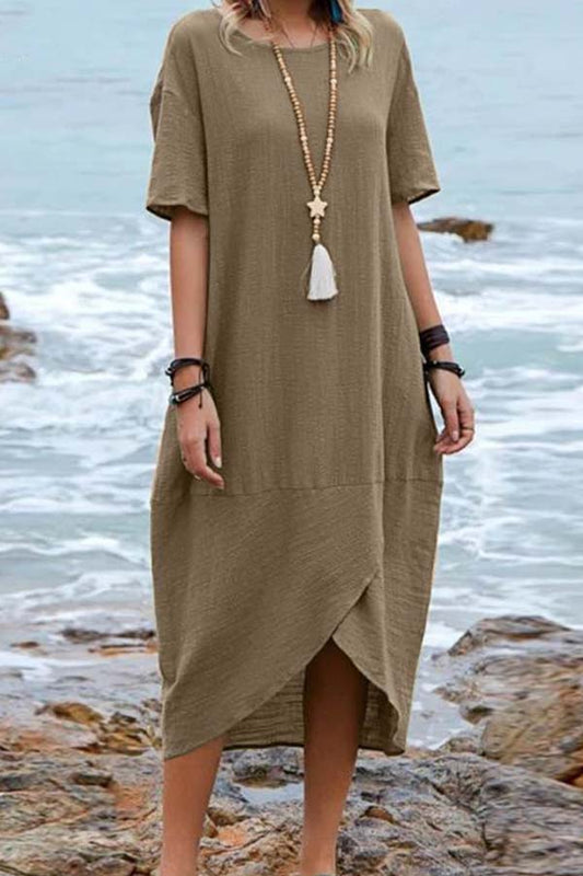 LM | Solid Color Cotton Linen Retro Round Neck Short Sleeve Midi Dress