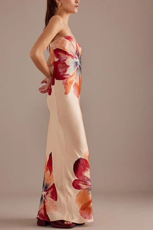 LM | Charming Lady Satin Floral Print Bandeau Loose Maxi Dress