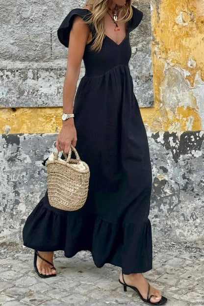 LM | Black V-neck Flutter sleeves Smocked top High waist Ruched maxi dress
