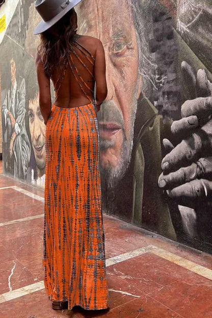LM | Modern Day Tie-dye Print Back Lace-up Stretch Maxi Dress