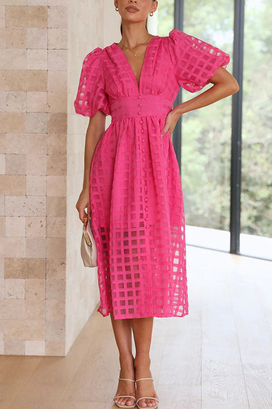 LM | Remarkable Beauty Square Patterned Fabric Puff Sleeve Party Midi Dress