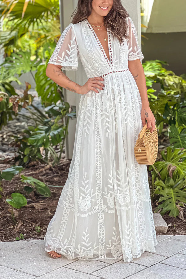 LM | WHITE MAXI DRESS WITH LACE EYELETS