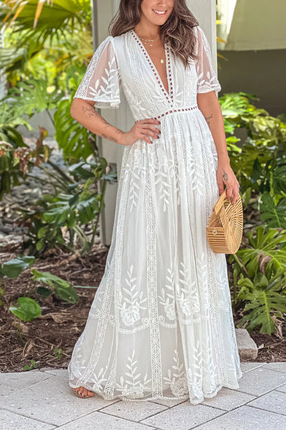 LM | WHITE MAXI DRESS WITH LACE EYELETS