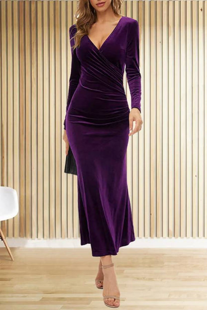 LM | Solid Velvet Long Sleeve V-Neck Slim Fit Fishtail Maxi Dress