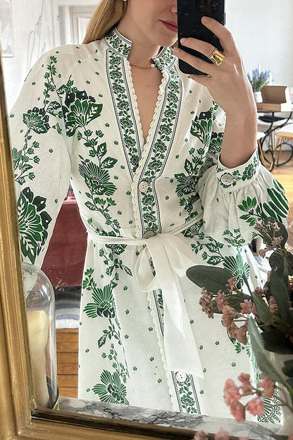 LM | Unique print button down long sleeve shirt maxi dress