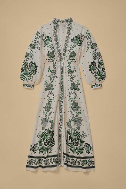 LM | Unique print button down long sleeve shirt maxi dress