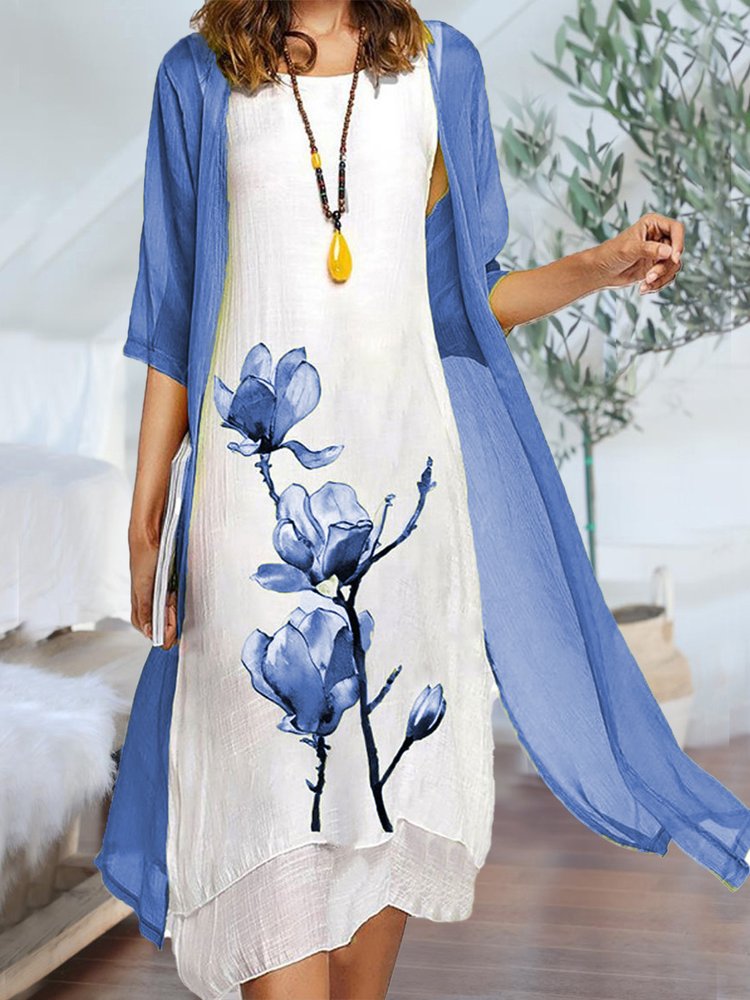 LM | Two Piece Floral Linen Casual Midi Dresses WJ89
