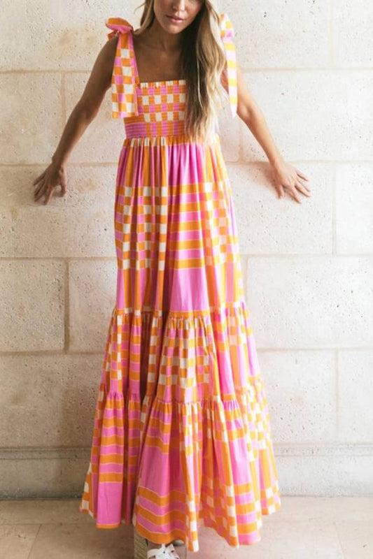 LM | Pink Tie Tie Plaid & Striped Smocked Maxi Dress