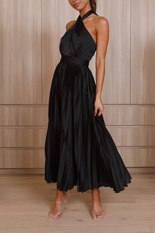 LM | Beaming Smile satin halterneck pleated midi dress