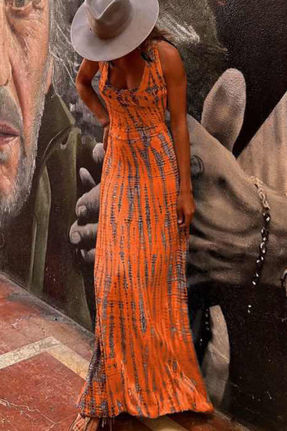 LM | Modern Day Tie-dye Print Back Lace-up Stretch Maxi Dress