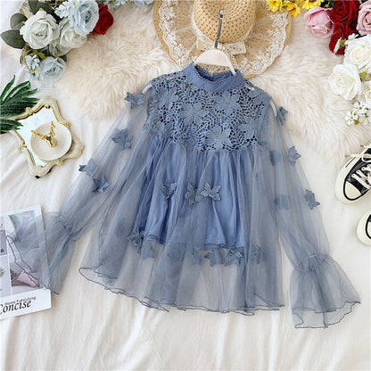LM | perspective mesh gauze lantern sleeves slim short top female lace leggings undershirt