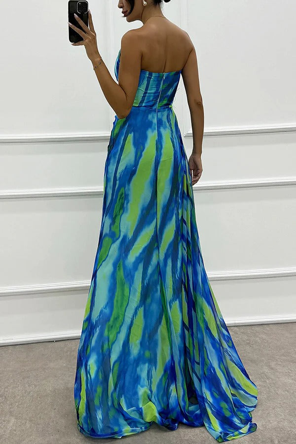 LM | Amazing Views Watercolor Print Feather Rose Detail Off Shoulder Pleated Slit Maxi Dress