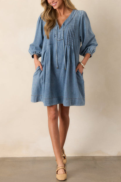 LM | Fate Would Have It Denim Playful Pleated Pocket A-Line Mini Dress