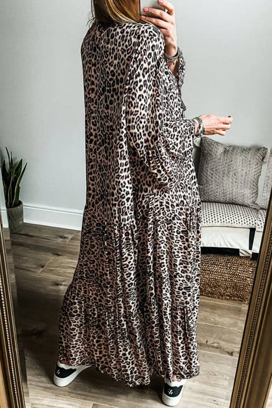 LM | Apricot leopard print striped maxi dress with wide sleeves