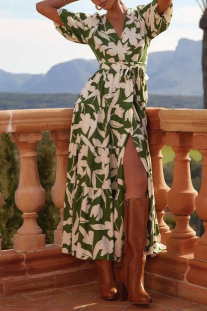 LM | V-neck Short sleeves Slit Printed midi dress