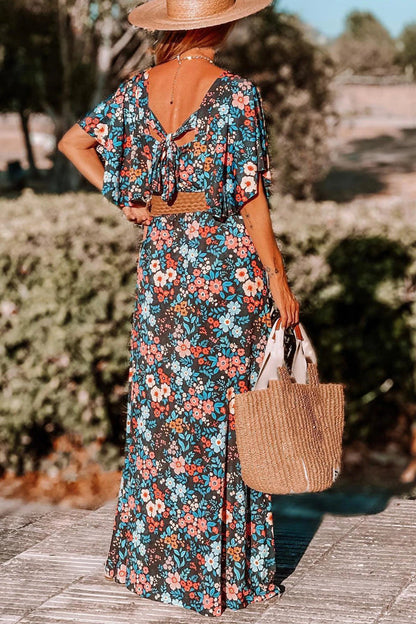 LM | Sky Blue Boho Floral Print Knotted Backless Maxi Dress