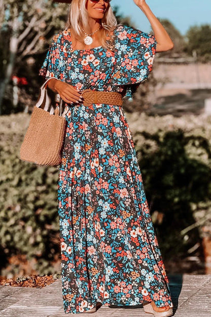LM | Sky Blue Boho Floral Print Knotted Backless Maxi Dress