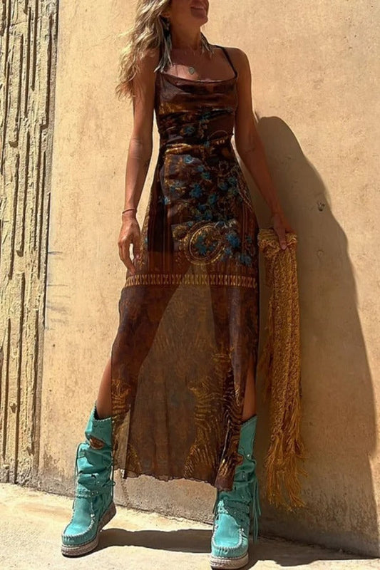 LM | Gypsy Style Unique Print Cowl Neck Back Lace Up Slit Midi Dress