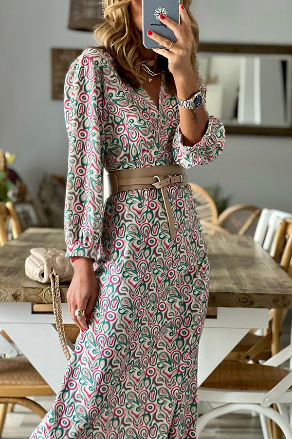 LM | V-neck multi print midi dress