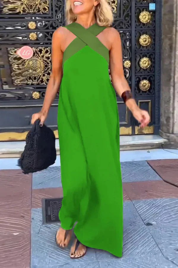 LM | Stylish crossover backless sleeveless loose maxi dress