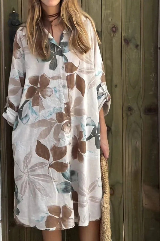 LM | Botanical Print Long-sleeved, single-breasted, loose midi dress with pockets