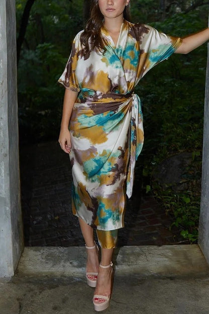LM | Cityscape Moment Satin Tie Dye Print Half Sleeve Wrap Midi Dress